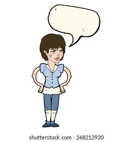 cartoon tough woman with hands on hips with speech bubble