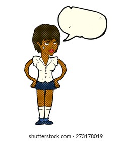 cartoon tough woman with hands on hips with speech bubble