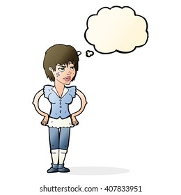 cartoon tough woman with hands on hips with thought bubble