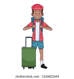 cartoon tourist with backpack and suitcase icon over white background, vector illustration