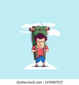 Cartoon tourist with a backpack. Vector illustration. Cartoon style. Bright colors.