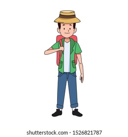 cartoon tourist with beach hat and backpack icon over white background, colorful design. vector illustration