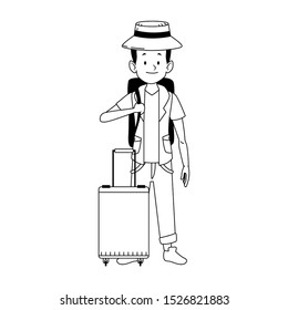 cartoon tourist with beach hat and travel suitcase icon over white background, vector illustration