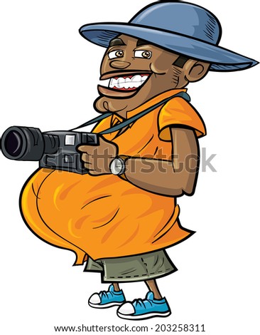 Cartoon tourist with a camera. Isolated on white