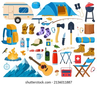 Cartoon tourist camping and hiking elements, map, tent, campfire. Hiking equipment, camping vector symbols set. Mountain trip, hiking equipment for , camp and adventure travel
