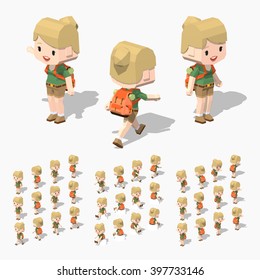 Cartoon tourist girl minifigure. 3D lowpoly isometric vector illustration. The set of objects isolated against the white background and shown from different sides