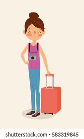 Cartoon tourist girl with suitcase and camera. Vector cartoon illustration.