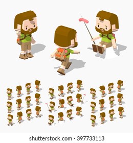 Cartoon tourist man minifigure. 3D lowpoly isometric vector illustration. The set of objects isolated against the white background and shown from different sides