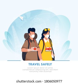 Cartoon Tourist Man and Woman Wear Protective Masks on Blue Line Art Famous Monuments Background for Travel Safely, Avoid Coronavirus Pandemic.