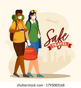 Cartoon Tourist Man and Woman Wearing Protective Masks with Bags on Beige Background for Safe Travel.