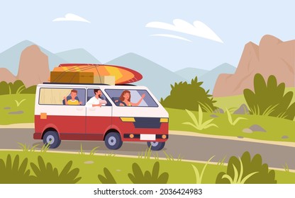 Cartoon tourist mother father and son kid characters traveling on road in mountain nature landscape background. Family travel by car bus camper van, summer vacation trip adventure vector illustration.