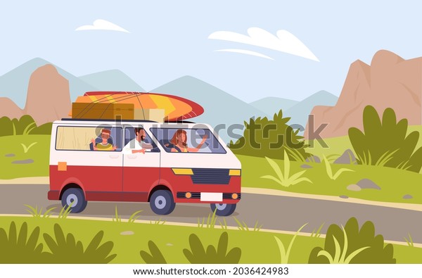 Cartoon tourist mother father and son kid\
characters traveling on road in mountain nature landscape\
background. Family travel by car bus camper van, summer vacation\
trip adventure vector\
illustration.