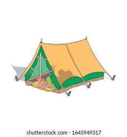 Cartoon tourist sleeping in a tent. Vector illustration on a white background.