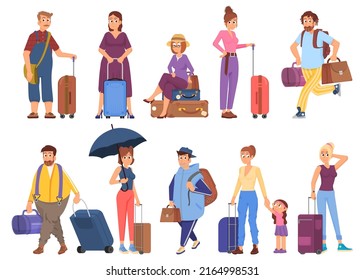 Cartoon tourists with luggage go to travel. Isolated woman men holding bags and backpack, man run with things. Vacation time decent vector set