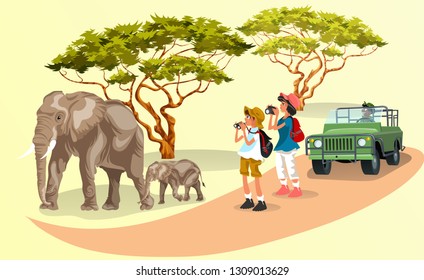 Cartoon tourists taking pictures of family of elephants walking in the zoo