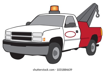 A cartoon tow truck with emergency flashing light and large hook