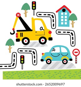 Cartoon tow truck and small blue car navigating curvy roads with traffic signs and city buildings. Transportation concept

