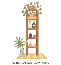 Cartoon towel bath shelf. Modern bathroom textile towels stand, bathroom interior elements flat vector illustration. Cartoon bathroom furniture