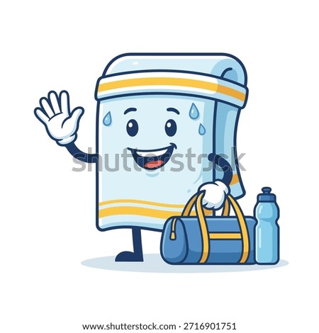 A cartoon towel character with a smiling face, waving hello and holding a gym bag and water bottle, ready for a workout.