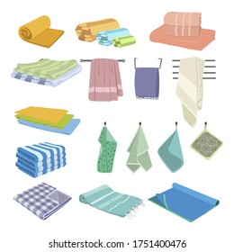 Cartoon towels, bath, kitchen, beach. Bathroom and kitchen towels, household elements for hygiene. Vector clean and fresh microfiber towel illustration, roll textile after wash
