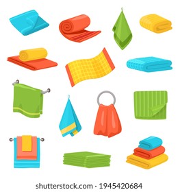 Cartoon towels. Bath material towel, fluffy cotton textile for bathroom. Fabric accessories pile, colorful beach or hotel textile recent vector set