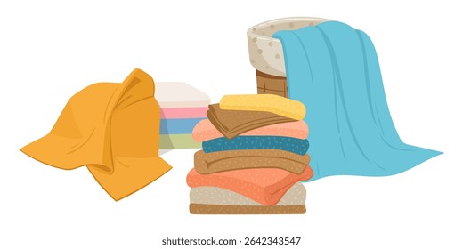 Cartoon towels. Stacked kitchen or bath textile towels, bathroom and shower hygiene elements flat vector illustration. Сlean linen stacks