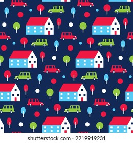 Cartoon town, cars for kids fabric print. Seamless pattern with cute transport on dark blue city street background for infant textile design. Childish texture with vehicle for boy nursery wallpaper.
