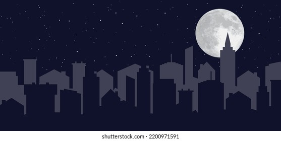 Cartoon town or city sky and the moon. Night starry skyline. Big moon in ful moonlight ans stars. Vector cityscape. cartoon urban skyline. City panorama, landscape,