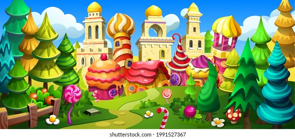 Cartoon town in a fantastic colorful forest. Fabulous houses with colorful roofs and colorful towers. Vector illustration of a fairy tale.  svg