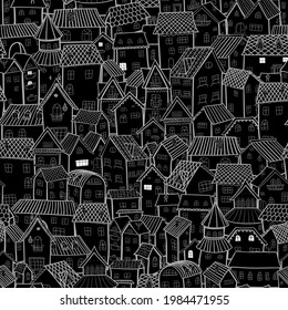 Cartoon town at night. Seamless pattern small old houses. Vector.