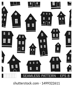 Cartoon town seamless pattern. Black and white vector illustration. Landscape with silhouette houses. 