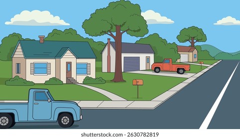 Cartoon town streen with retro cars illustration