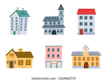 Cartoon town street buildings, original houses set. Vector city house street, illustration set design cartoon home isolated