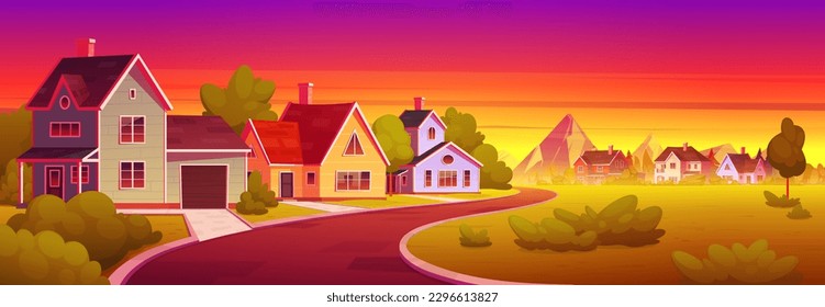 Cartoon town street with mountain sunset on horizon. Vector illustration of suburban village panorama with residential buildings and garages, green lawn, road leading to rocks under orange dusk sky.