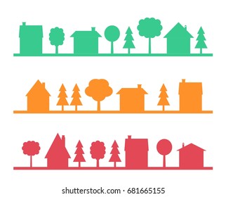 Cartoon town vector silhouettes with blank copy space. Village illustration.