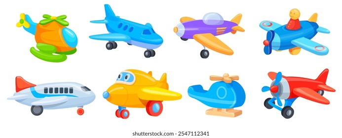 Cartoon toy airplanes. Cute toys plane with propeller wing for children game play, kids aeroplane childish aircraft flight small fly jet air transport, set neat vector illustration original artwork