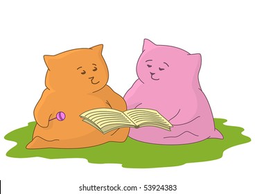 Cartoon toy animals sitting on a green meadow and reading book. Vector