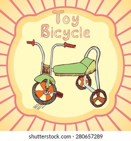 Cartoon Toy bicycle colored hand drawn sketch. Vector illustration.