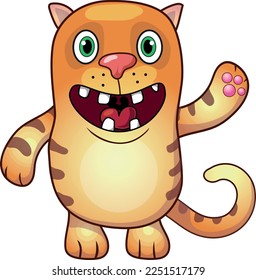 cartoon toy cat waves a greeting paw