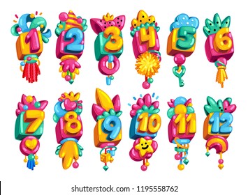 Cartoon toy colored numbers 1-12. Children vector character set