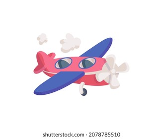 Cartoon toy colorful airplane with propeller and rounded wings, flat vector illustration isolated on white background. Toy airplane for children prints.