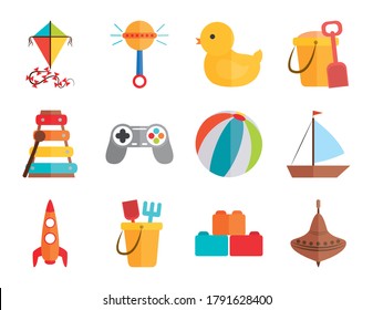 Cartoon Toy Kite Rattle Duck Ball Boat Rocket, Object For Small Children To Play, Flat Style Icons Set Vector Illustration