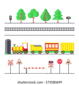 Cartoon toy passenger train, kids railroad, railway signs and semaphores. Toy train locomotive with wagons, illustration of element tree and train for railroad
