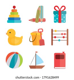 cartoon toy pyramid duck ball boat, object for small children to play, flat style icons set vector illustration