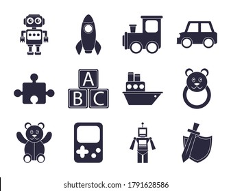 cartoon toy robot rocket train car boat bear, object for small children to play, silhouette style icons set vector illustration