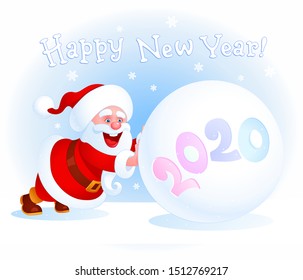 Cartoon toy Santa Claus pushes a huge snowball on a winter field. Embossed text 2020 is written on a snow ball. Vector sticker, wallpaper, banner, invitation card for New Year's events and Xmas sales