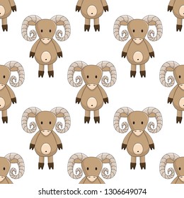 cartoon toy sheep, brown ram with screw horns, seamless pattern on white background chequerwise