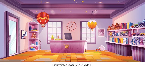 Tienda de juguetes de caricatura con muebles y artículos en estanterías. Ilustración vectorial de osos de peluche, coches, cohetes, libros, cubos, bolas, casas, globos de aire, ordenador en caja en la sala de la tienda con ventanas