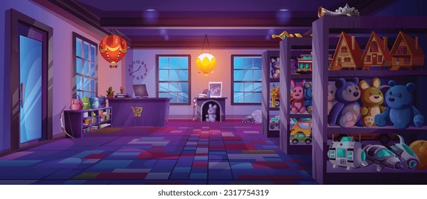 Tienda de juguetes de caricatura con muebles y artículos en estanterías por la noche. Ilustración vectorial de la habitación de la tienda oscura con mochilas, osos de peluche, coches, cohetes, libros, casas, globos de aire, computadora en el mostrador de caja