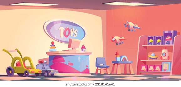 Cartoon toy shop interior with goods and furniture. Vector illustration of police cars, planes, alien ufo, wooden constructor, colorful pyramid for early development on store shelves. Gifts for kids